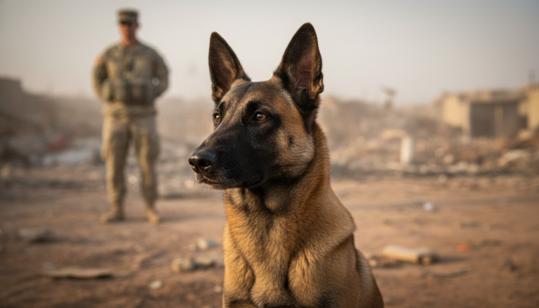 Cão pastor belga malinois em pose heroica, com foco em seu olhar.