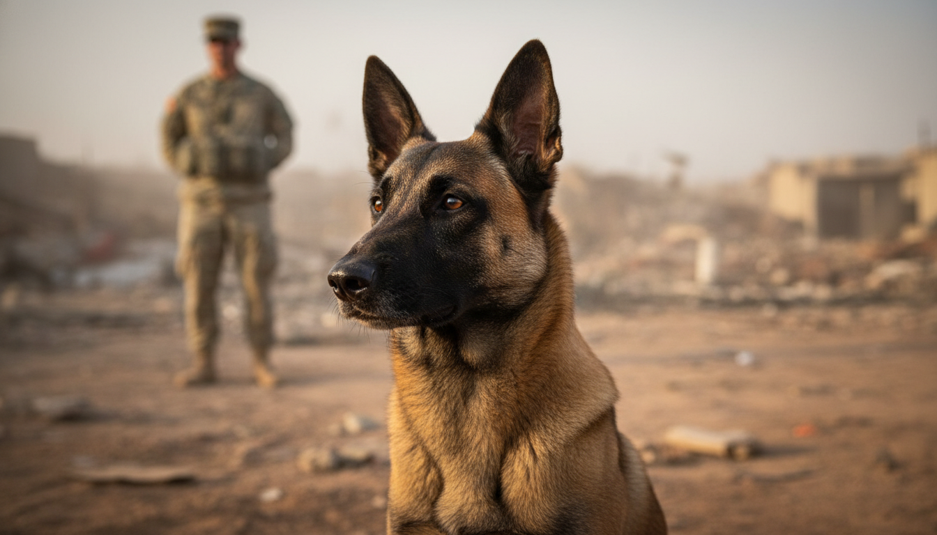 Cão pastor belga malinois em pose heroica, com foco em seu olhar.