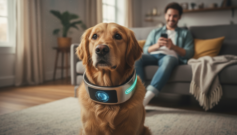 Cachorro usando coleira tecnológica PetPhone
