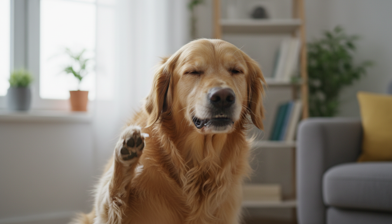 Cão se coçando intensamente, indicativo de um problema de pele.