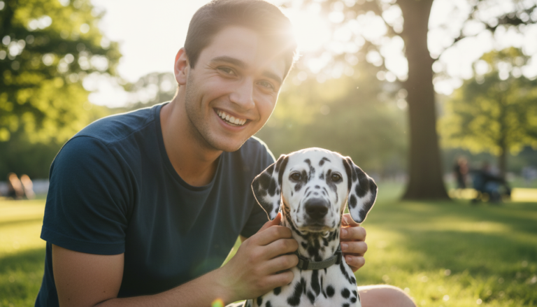 Jovem realiza sonho de infância ao abraçar seu cachorro dálmata em um parque