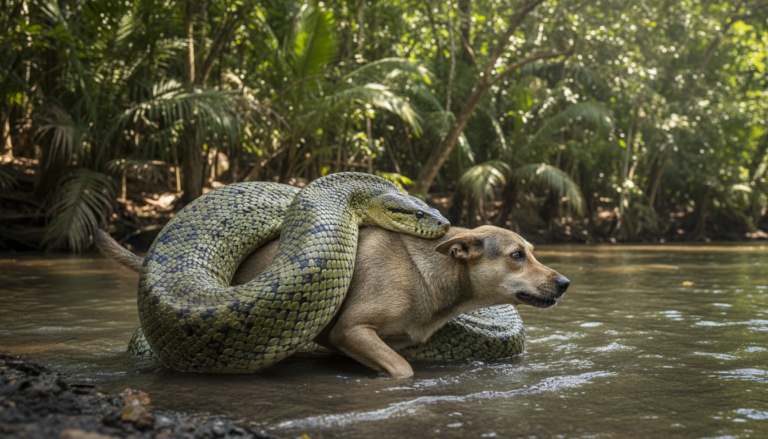 Sucuri imensa abocanha cachorro em área de rio em fazenda no Mato Grosso do Sul