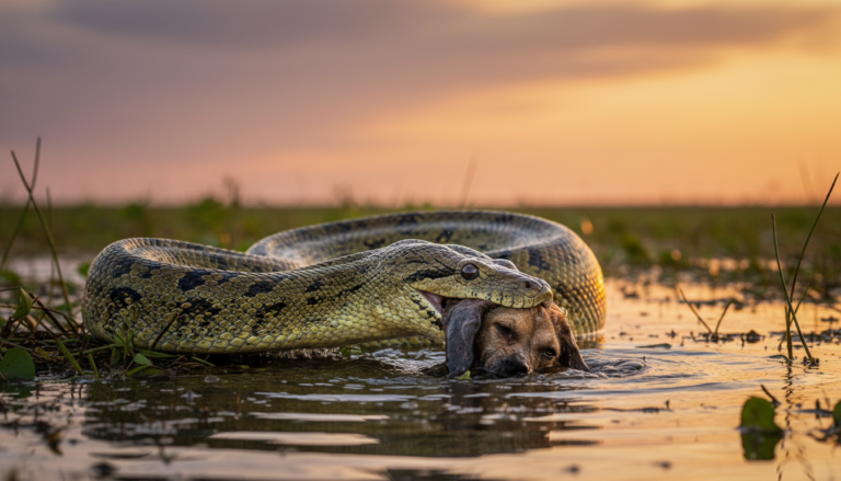 Sucuri gigante capturando cachorro em fazenda no Mato Grosso do Sul.