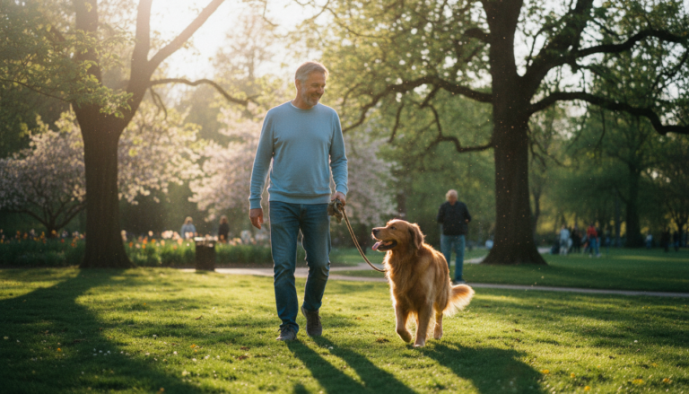 Homem sorrindo passeando com seu cachorro em um parque.