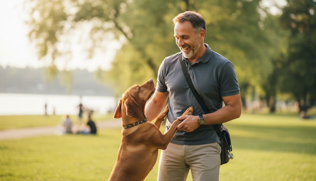 Médico sorrindo brincando com seu cachorro vizsla em um parque