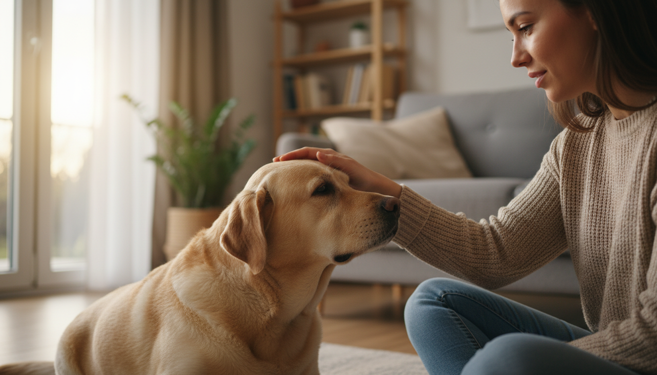 Pessoa acariciando um cão labrador dourado, demonstrando afeto e responsabilidade.