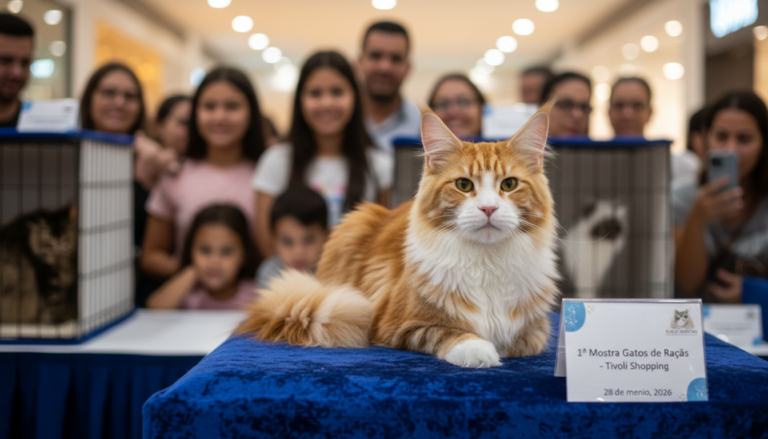 Gato da raça Maine Coon em exposição na Mostra de Gatos de Raças no Tivoli Shopping.