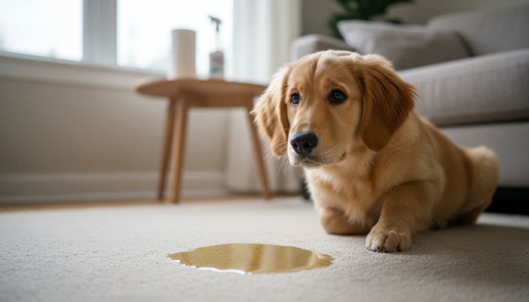 Filhote de cachorro golden retriever olhando confuso para um xixi no tapete.