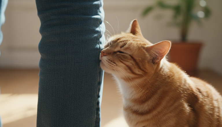 Gato esfregando a cabeça na perna de uma pessoa, demonstrando afeto e confiança.