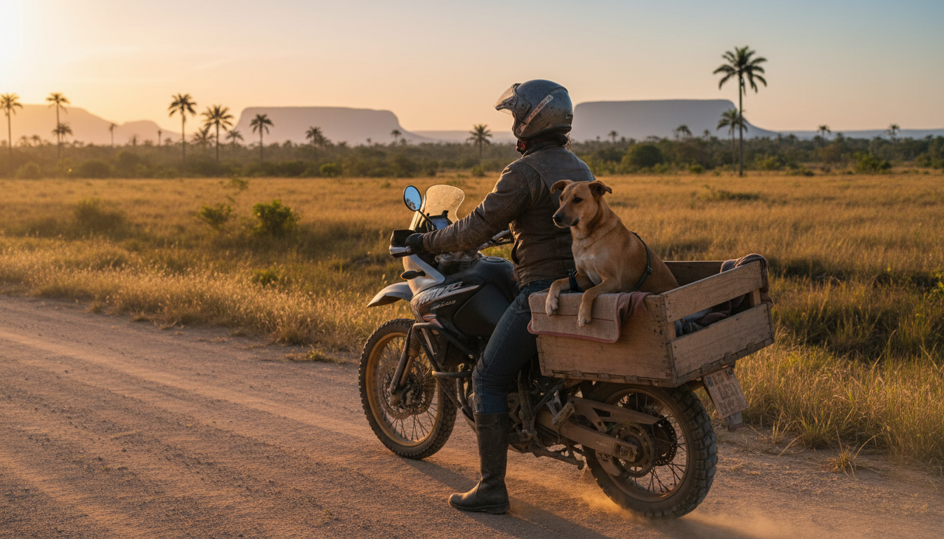 Tutora Carmen dirigindo moto com cachorro na garupa em Roraima para castração