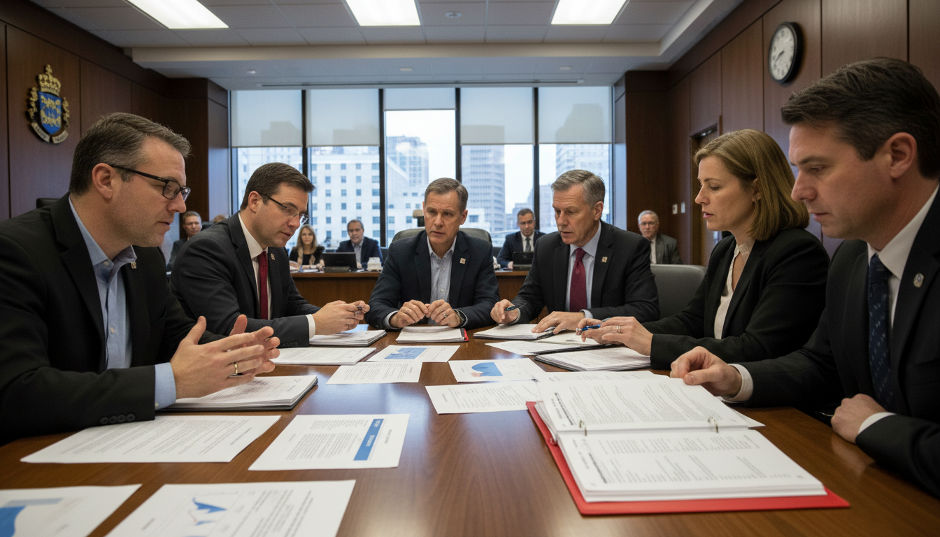 Vereadores de Halifax em reunião discutindo propostas sobre cães perigosos.