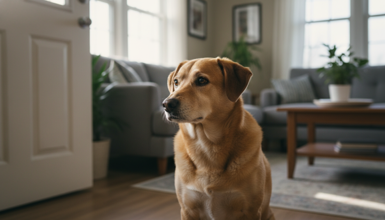 Cão sozinho em casa olhando para a porta com expressão de ansiedade