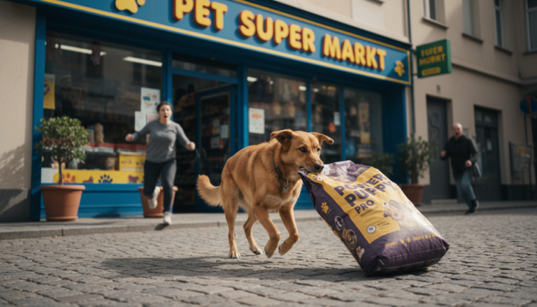 Cadela caramela arrasta saco de ração para fora de pet shop