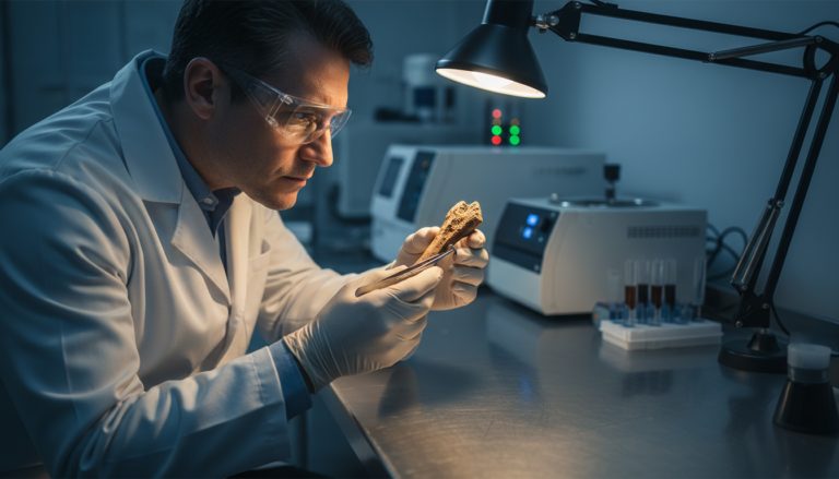 Cientista examinando fóssil antigo em laboratório, revelando a antiguidade da domesticação canina.