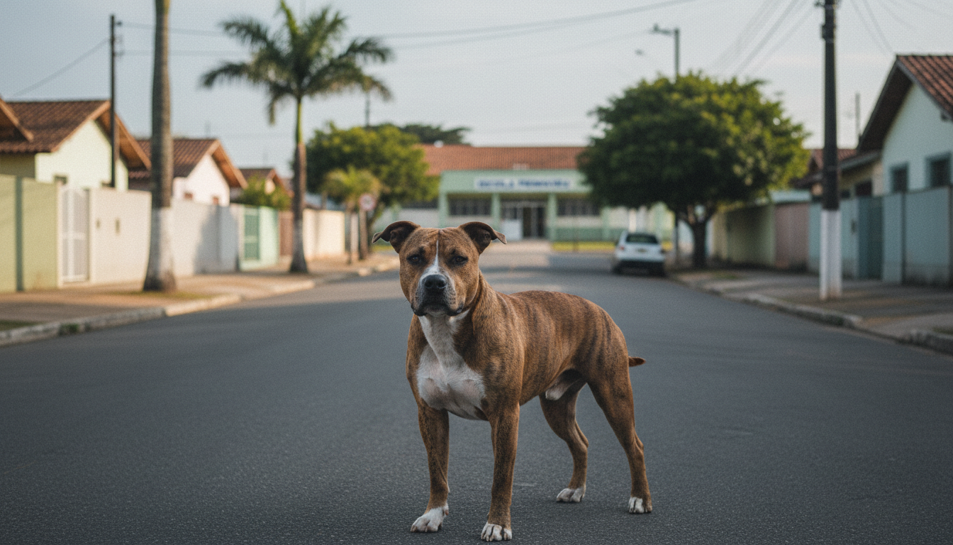 Cão pitbull solto em rua residencial próxima a escola em Navegantes