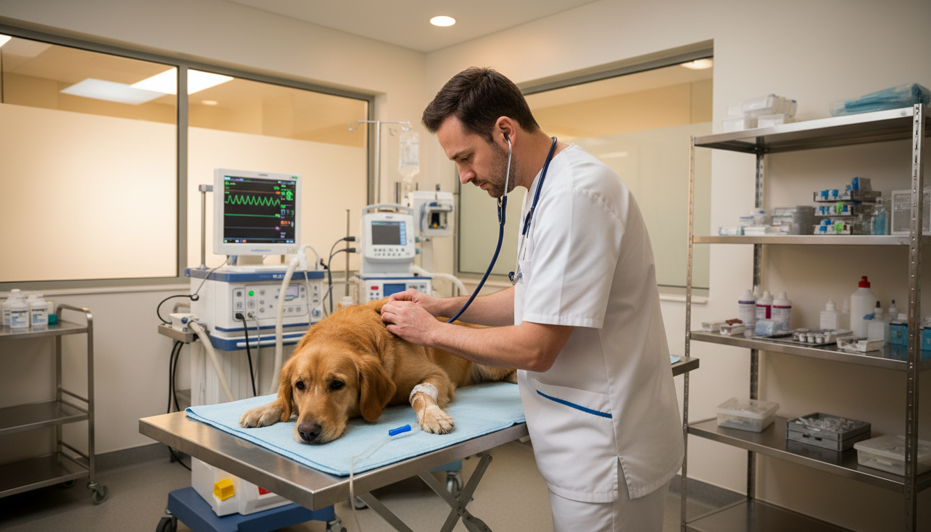 Médico-veterinário realizando exame em cão na UTI veterinária