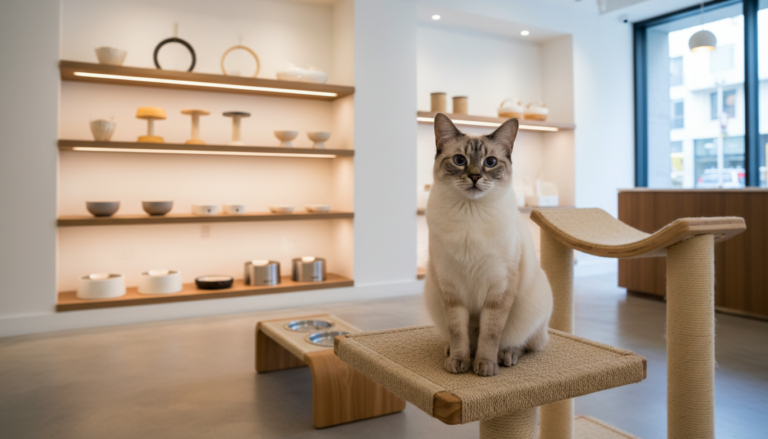 Gato siamês em loja conceito de design premium para pets