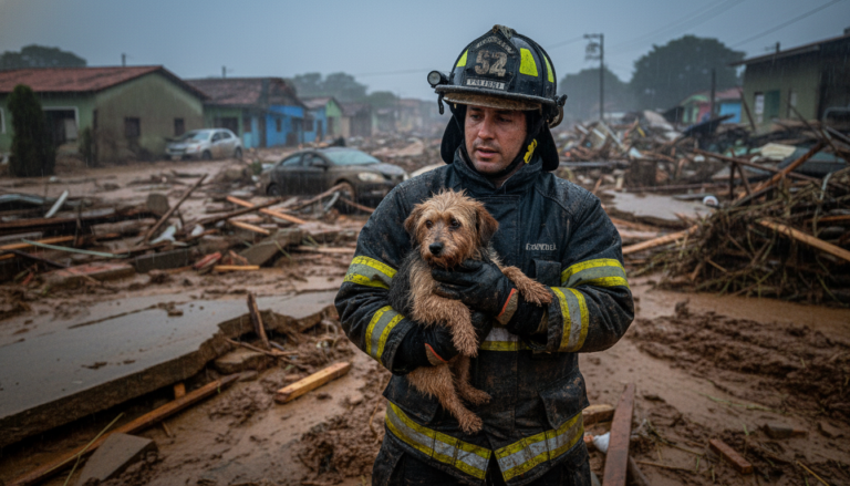 Cão resgatado sendo seguro por um bombeiro em área de desastre em Minas Gerais